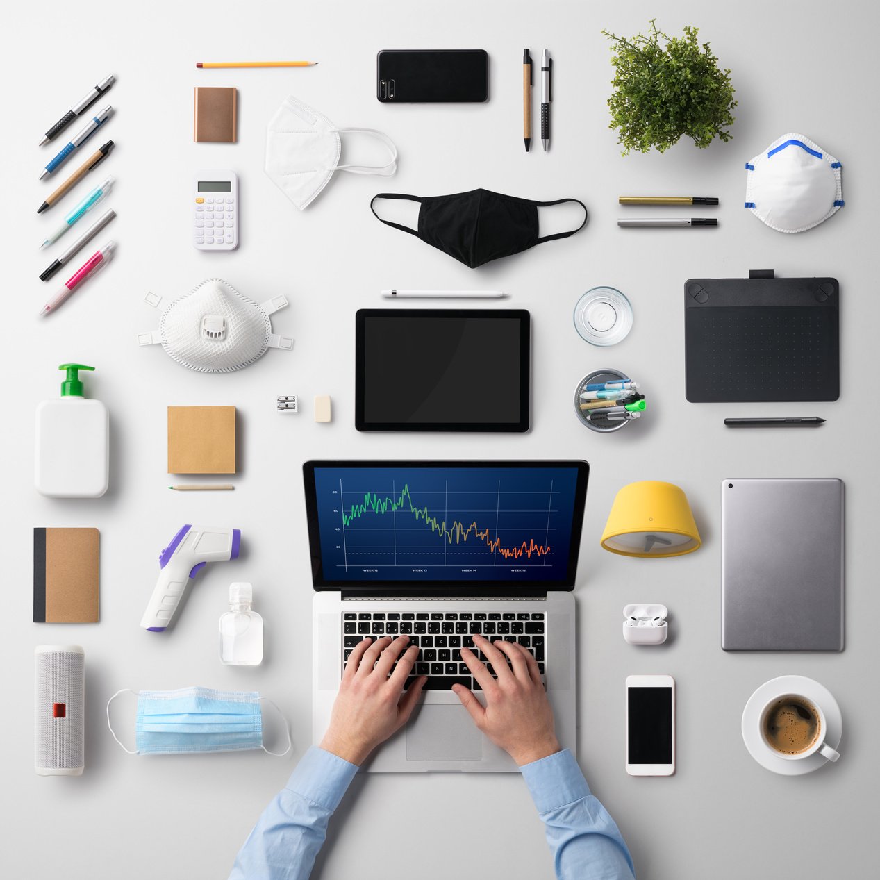 Flat Lay Top View Desk Working Space with Laptop, Home Office and Coronavirus Concept.